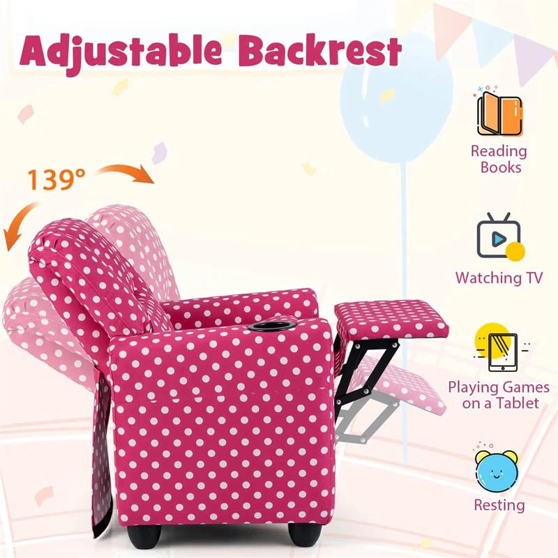 Kids Recliner Chair with Cup Holder & Side Pocket, Adjustable Toddler Lounge Sofa, Ergonomic Children Armchairs for Boys Girls Age 3+, 150lbs