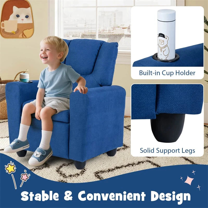 Kids Recliner Chair with Cup Holder & Side Pocket, Adjustable Toddler Lounge Sofa, Ergonomic Children Armchairs for Boys Girls Age 3+, 150lbs