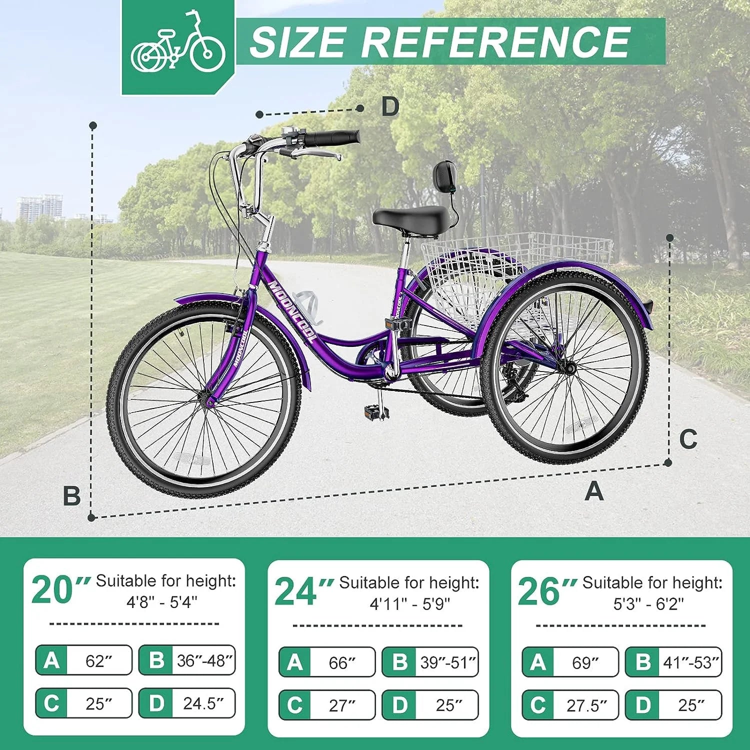 MOONCOOL Adult Tricycles with Rear Basket & Inflator, 24 26 in 7 Speed 3 Wheel Bikes, Three - Product image 109