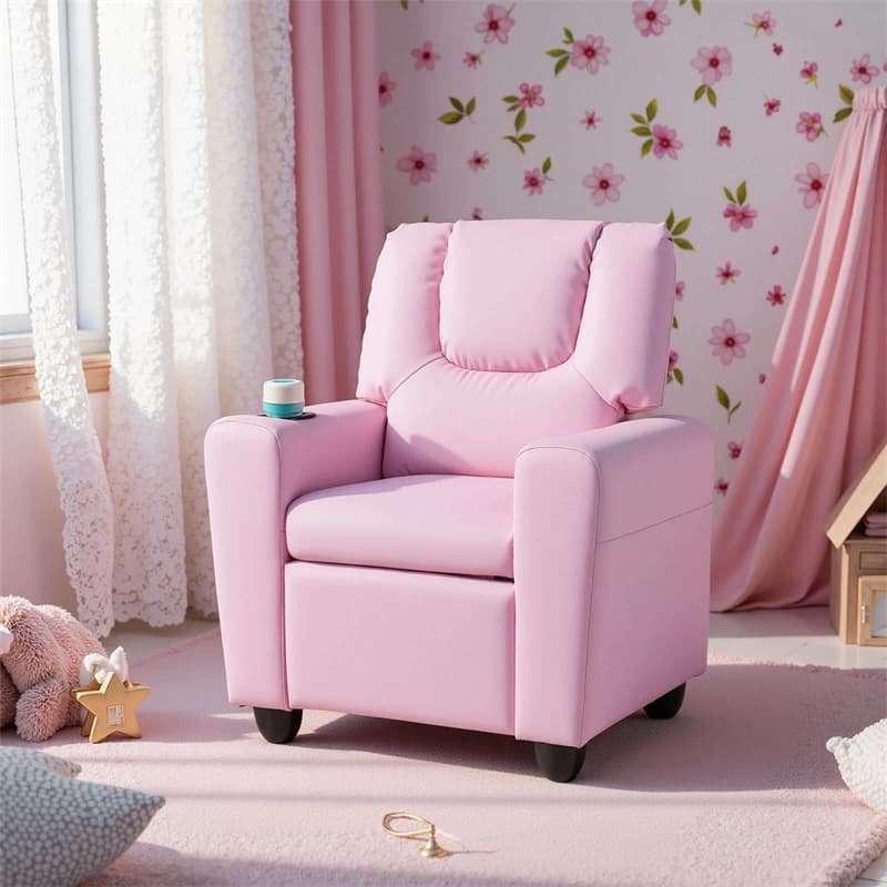 Kids Recliner Chair with Cup Holder & Side Pocket, Adjustable Toddler Lounge Sofa, Ergonomic Children Armchairs for Boys Girls Age 3+, 150lbs