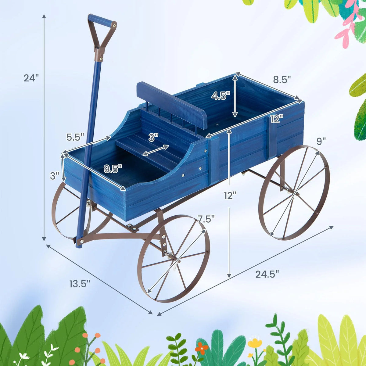 Rustic Wooden Wagon Planter, Decorative Garden Flower Cart with Metal Wheels & Adjustable Handle, Large Raised Bed Plant Stand for Patio Yard