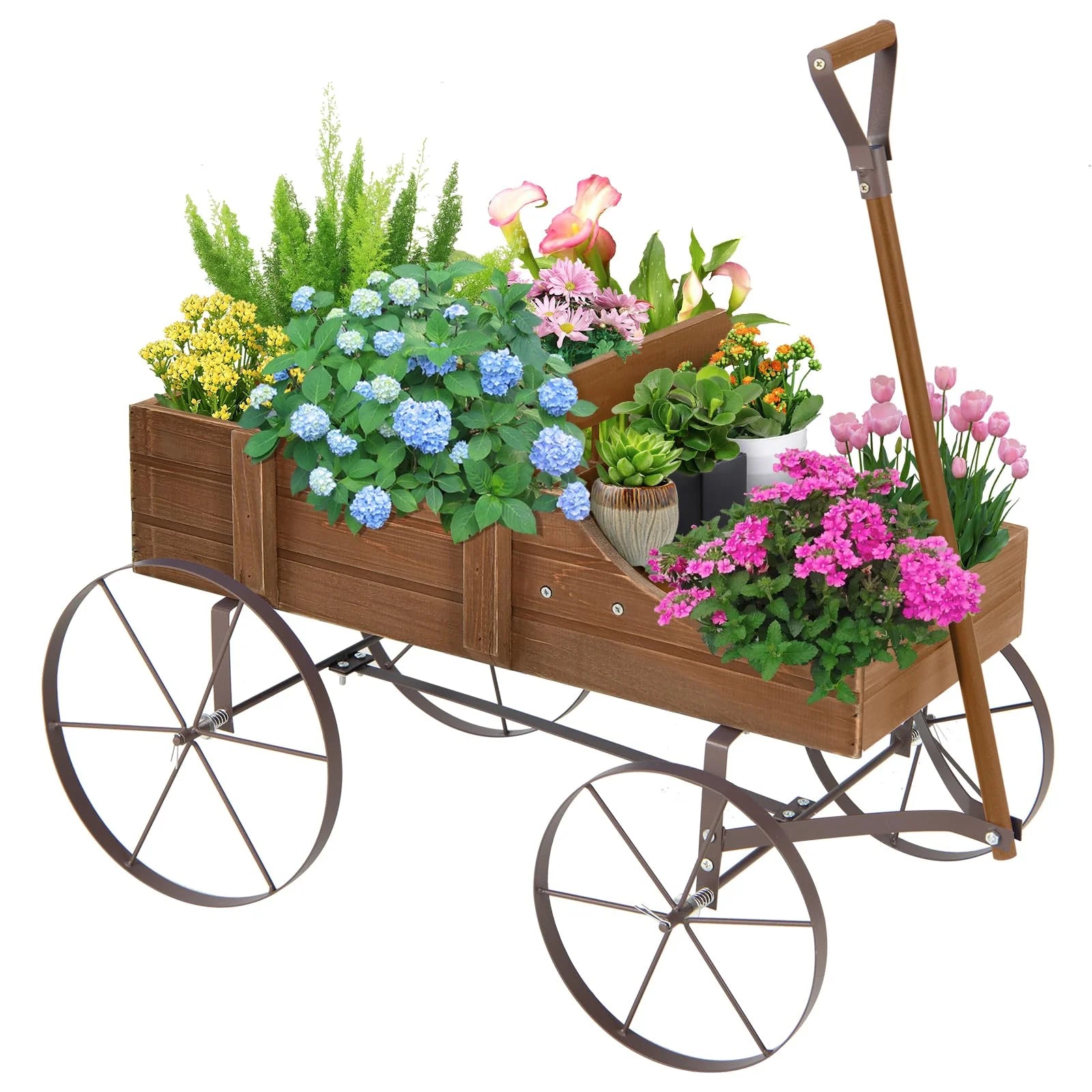 Rustic Wooden Wagon Planter, Decorative Garden Flower Cart with Metal Wheels & Adjustable Handle, Large Raised Bed Plant Stand for Patio Yard