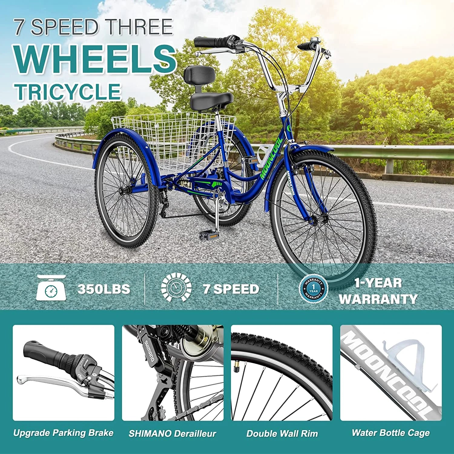 MOONCOOL Adult Tricycles with Rear Basket & Inflator, 24 26 in 7 Speed 3 Wheel Bikes, Three - Product image 76