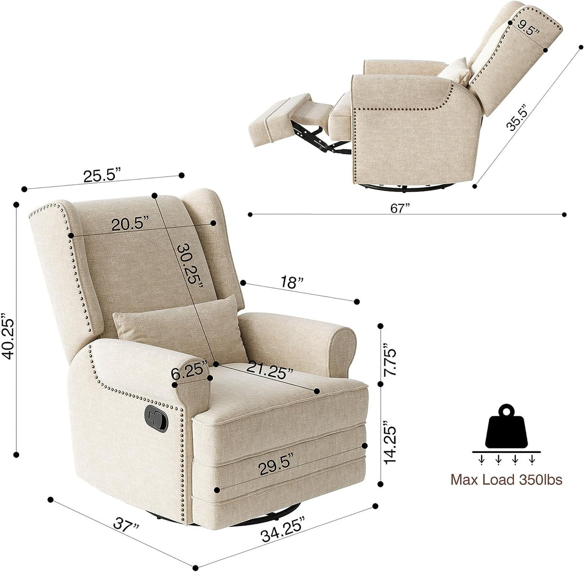 Royalcraft Swivel Nursery Glider Recliner, Comfy Upholstered Glider Chair with Lumbar Pillow and Footrest - Product image 10