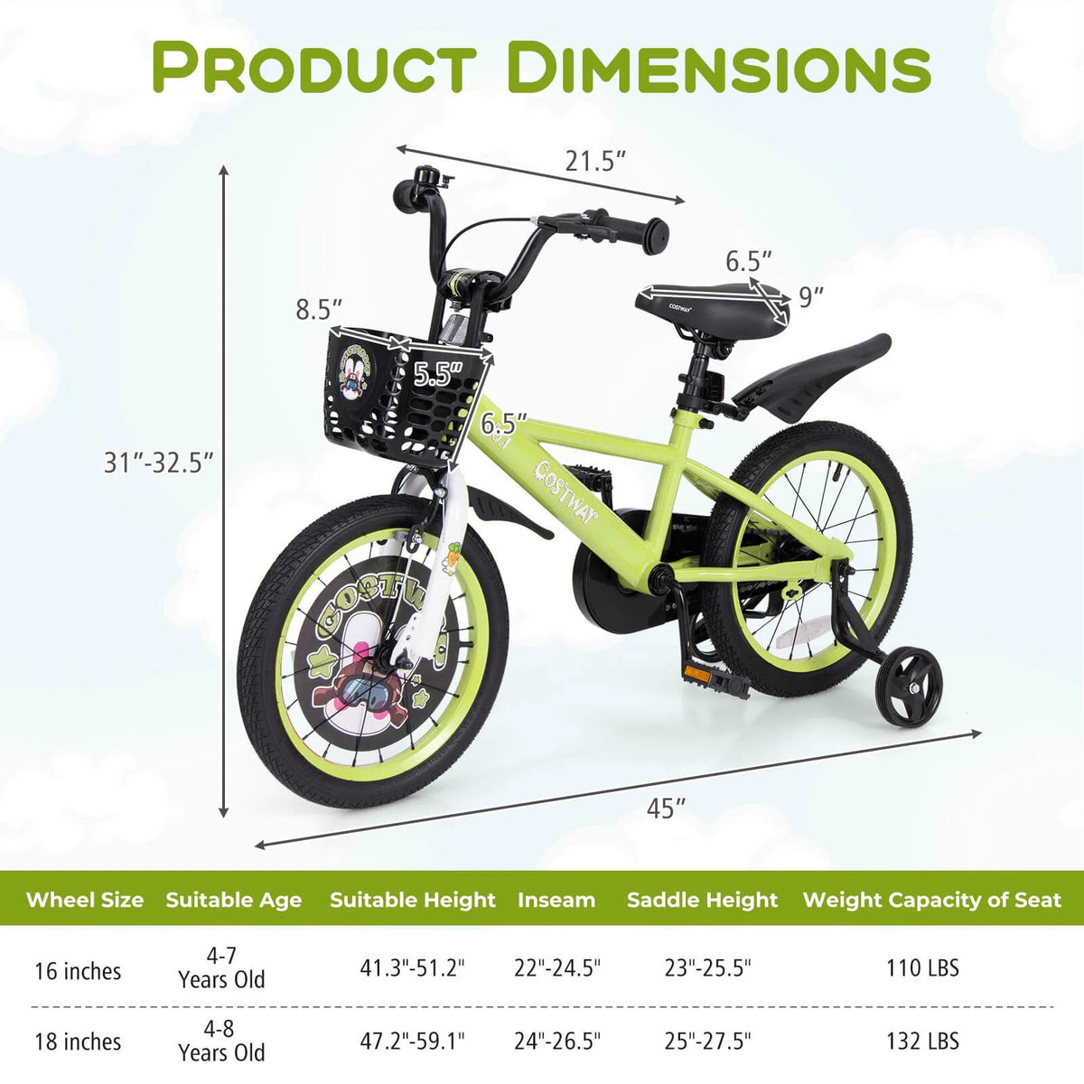 Costway 16" Kid'S Bike for 4 - 7 with Height - Adjustable Handlebar & Saddle Handbrake Blue - Product image 24