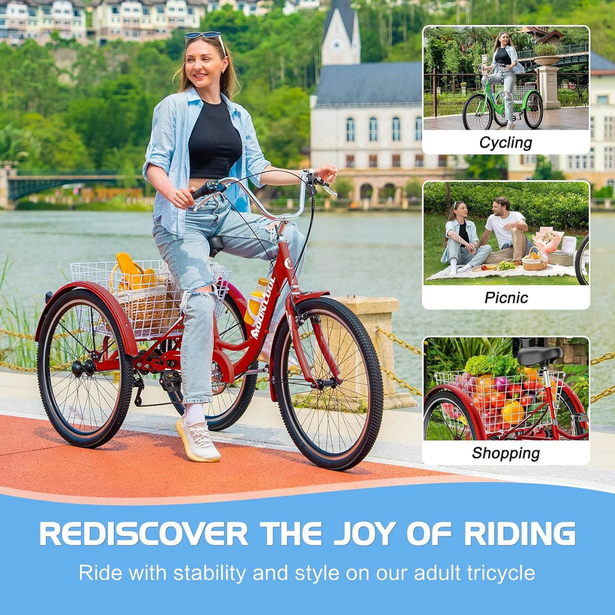 MOONCOOL Adult Tricycles with Rear Basket & Inflator, 24 26 in 7 Speed 3 Wheel Bikes, Three - Product image 28