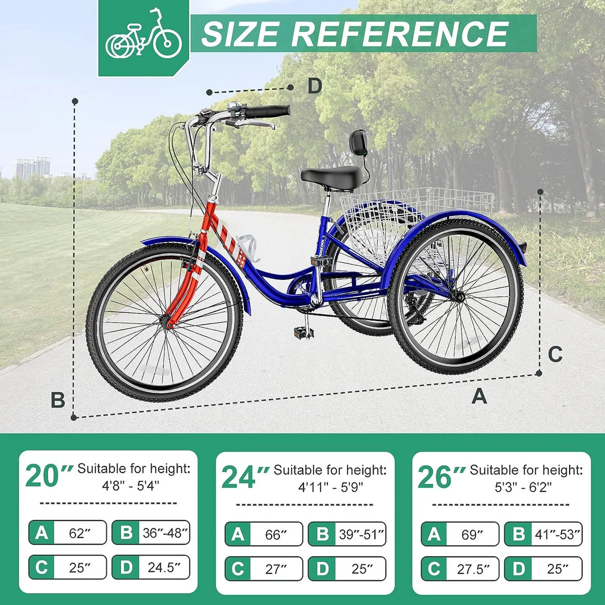MOONCOOL Adult Tricycles with Rear Basket & Inflator, 24 26 in 7 Speed 3 Wheel Bikes, Three - Product image 133