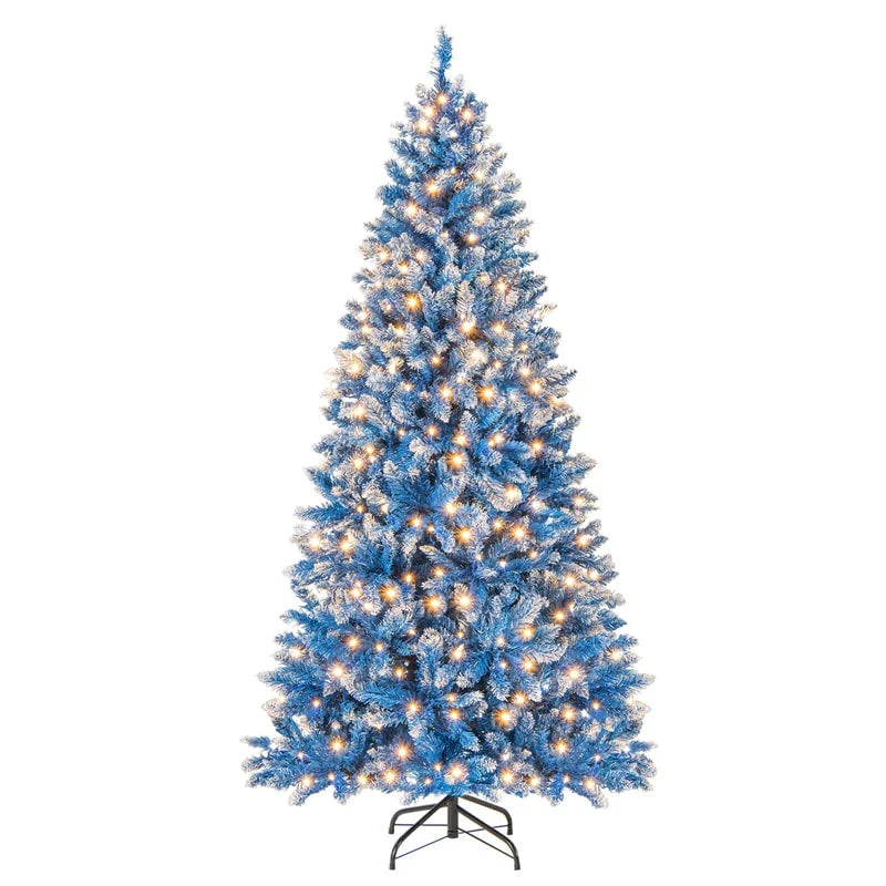 6/7/8/9 FT Pre-Lit Christmas Tree, Blue Hinged Xmas Tree with Frosted PVC Tips, Warm White LED Lights - Product image 1