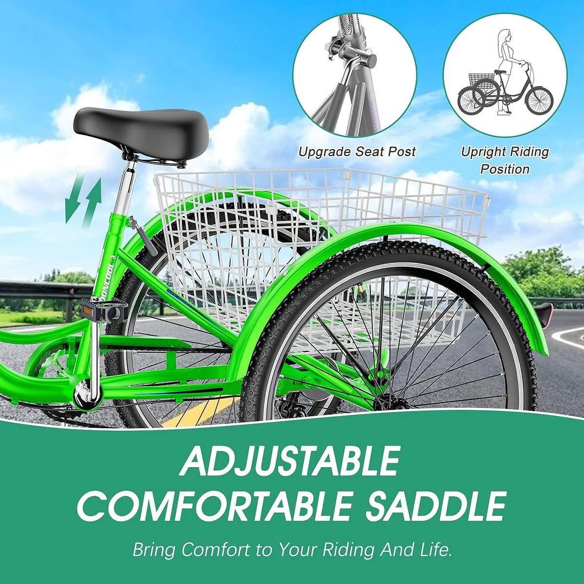 MOONCOOL Adult Tricycles with Rear Basket & Inflator, 24 26 in 7 Speed 3 Wheel Bikes, Three - Product image 40