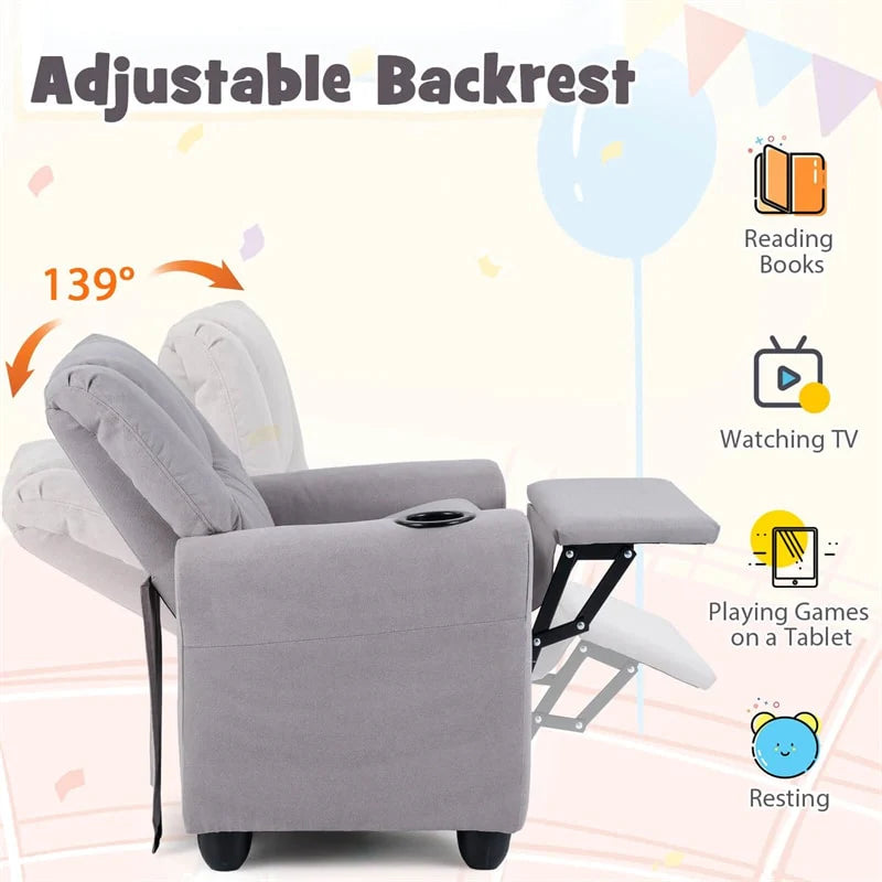 Kids Recliner Chair with Cup Holder & Side Pocket, Adjustable Toddler Lounge Sofa, Ergonomic Children Armchairs for Boys Girls Age 3+, 150lbs