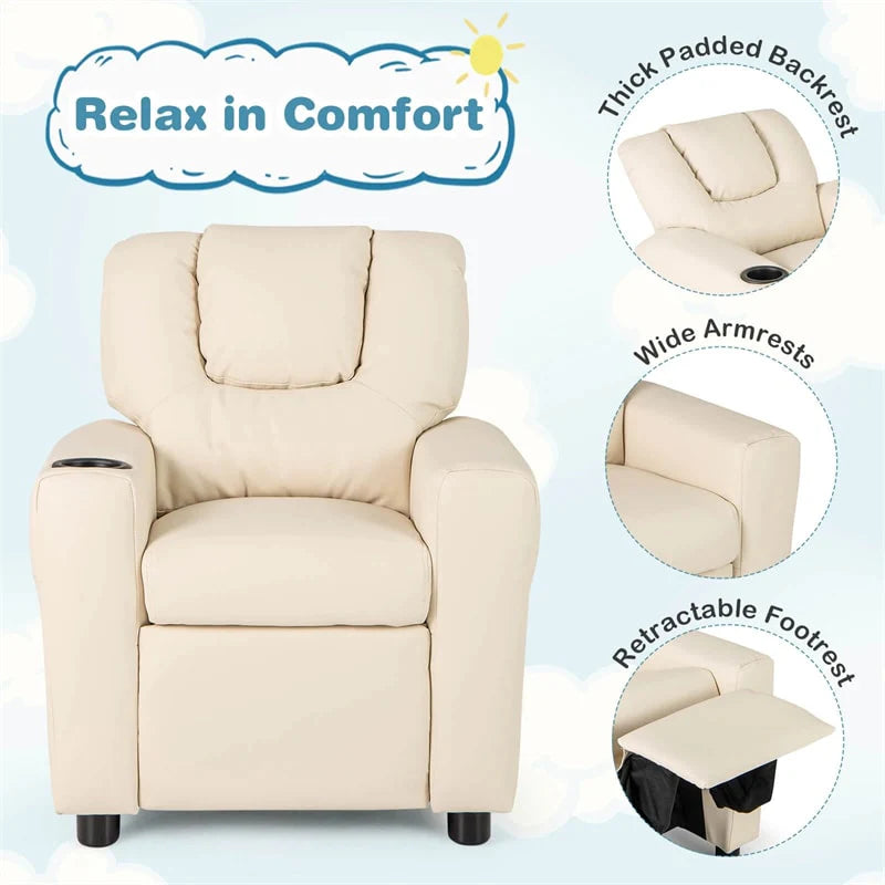 Kids Recliner Chair with Cup Holder & Side Pocket, Adjustable Toddler Lounge Sofa, Ergonomic Children Armchairs for Boys Girls Age 3+, 150lbs
