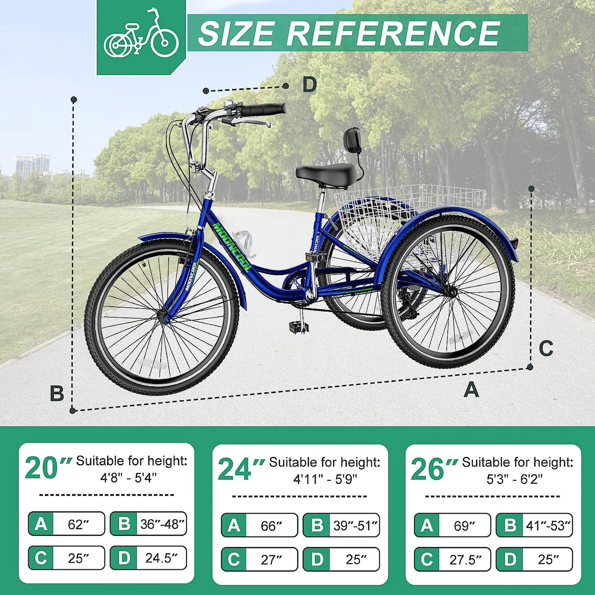 MOONCOOL Adult Tricycles with Rear Basket & Inflator, 24 26 in 7 Speed 3 Wheel Bikes, Three - Product image 80