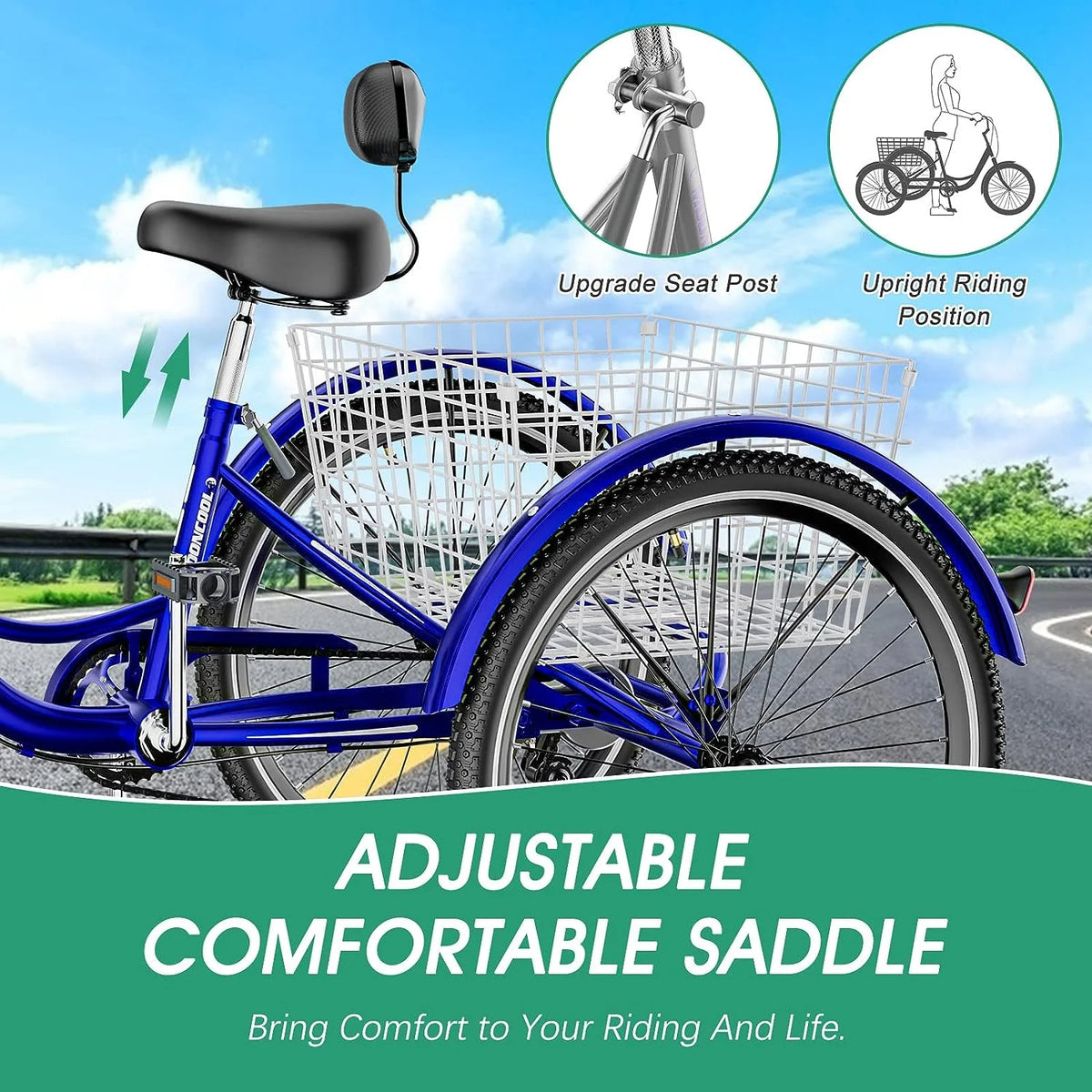 MOONCOOL Adult Tricycles with Rear Basket & Inflator, 24 26 in 7 Speed 3 Wheel Bikes, Three - Product image 131