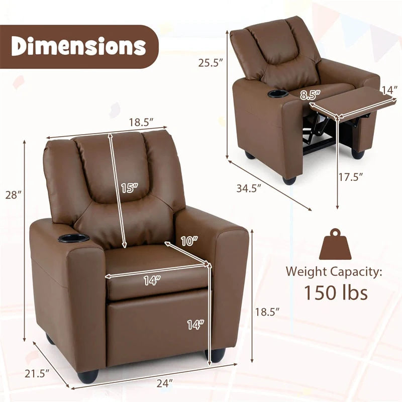 Kids Recliner Chair with Cup Holder & Side Pocket, Adjustable Toddler Lounge Sofa, Ergonomic Children Armchairs for Boys Girls Age 3+, 150lbs