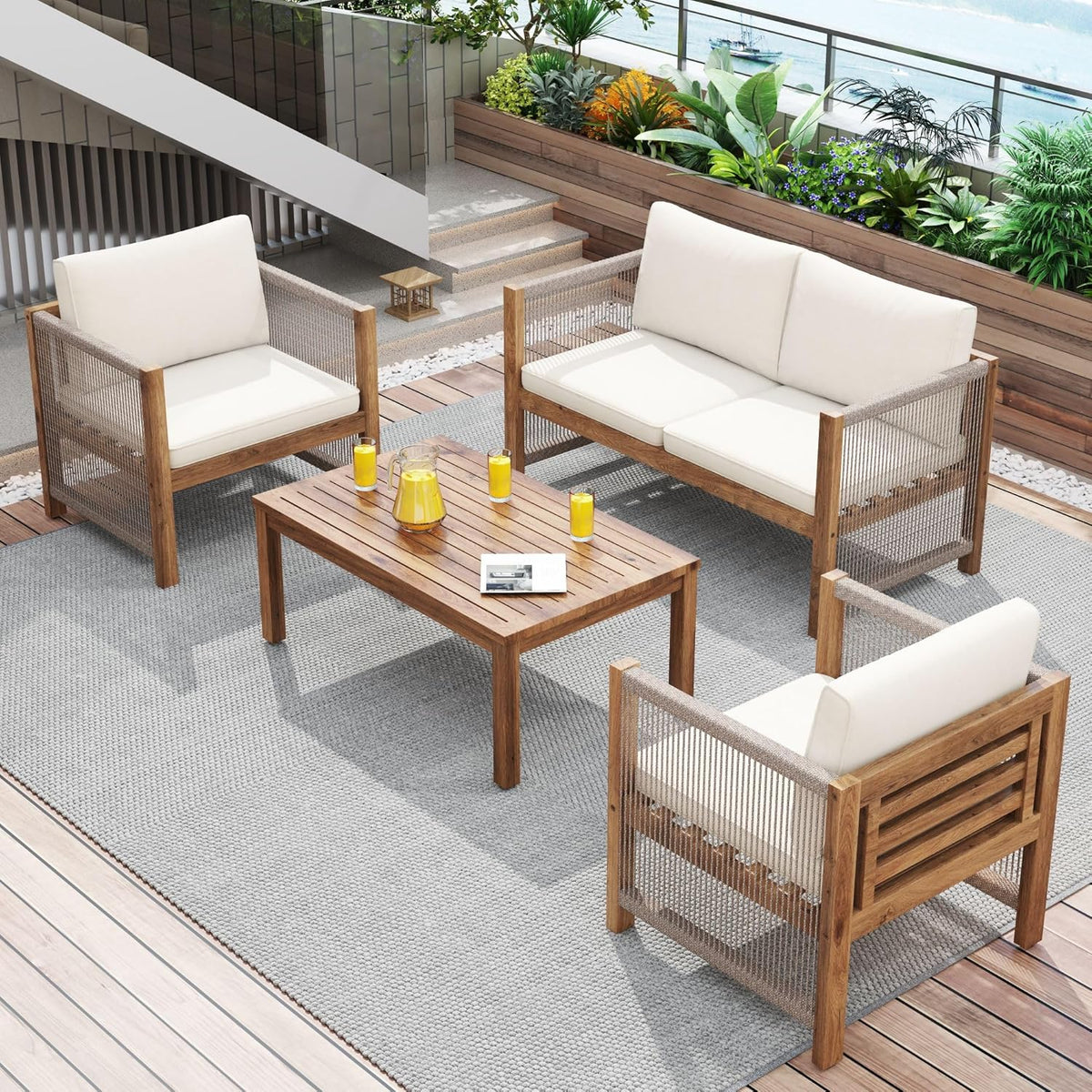 Garden furniture, garden furniture for 4 people, with sofa, coffee table and cushions, removable and washable fabric cover, black (seat cushions included)
