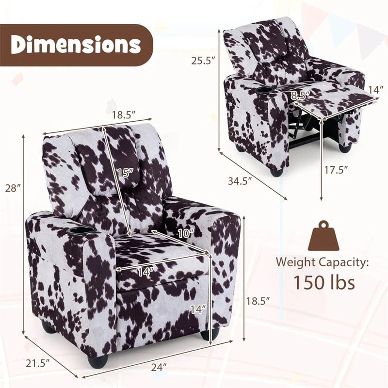 Kids Recliner Chair with Cup Holder & Side Pocket, Adjustable Toddler Lounge Sofa, Ergonomic Children Armchairs for Boys Girls Age 3+, 150lbs