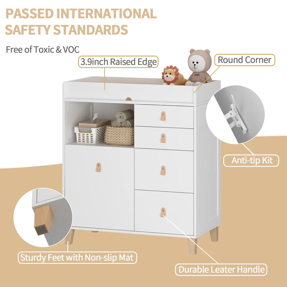 OXYLIFE 45" Baby Nursery Changing Table Dresser with 4 Drawers and Shelf for Nursery Room, White - Product image 72