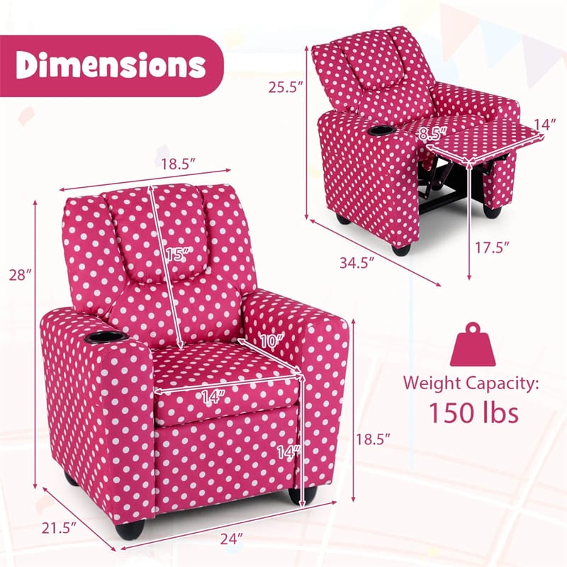 Kids Recliner Chair with Cup Holder & Side Pocket, Adjustable Toddler Lounge Sofa, Ergonomic Children Armchairs for Boys Girls Age 3+, 150lbs