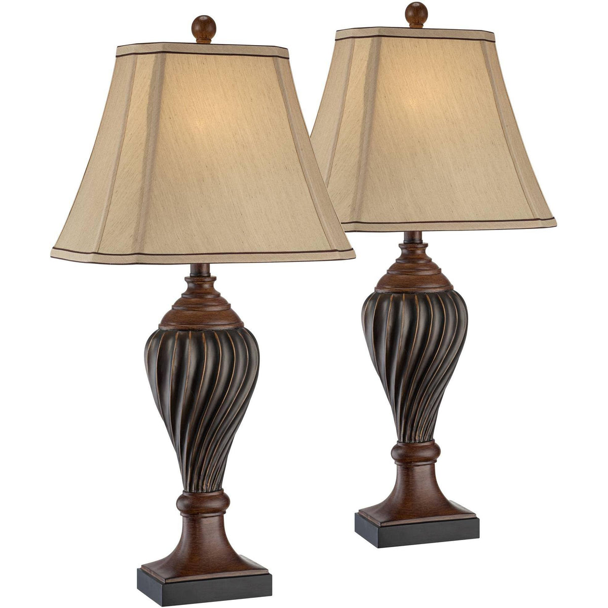 Regency Hill Traditional Table Lamps Set of 2 Carved Two Tone Brown Urn Beige Rectangular Shade for Living - Product image 1