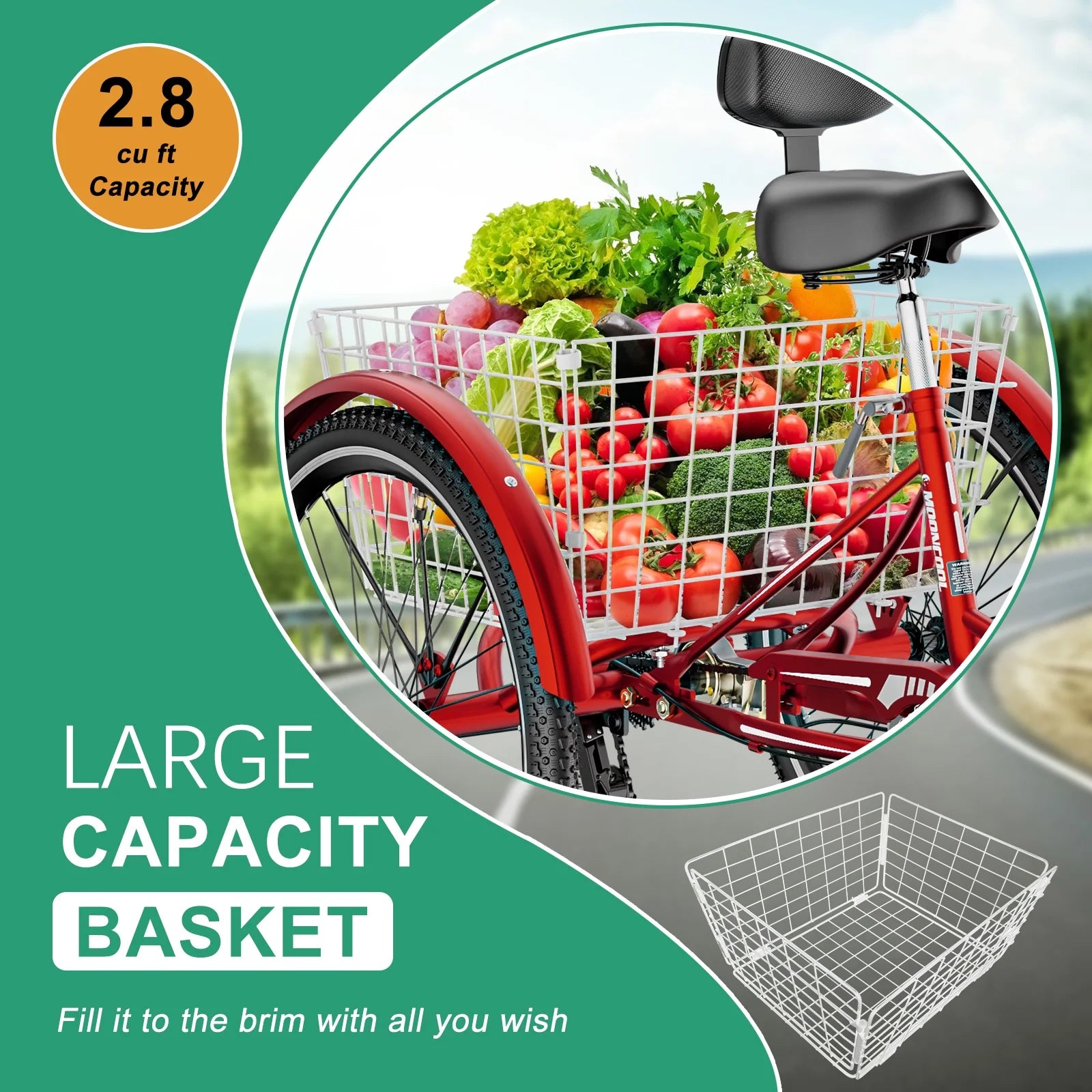 MOONCOOL Adult Tricycles with Rear Basket & Inflator, 24 26 in 7 Speed 3 Wheel Bikes, Three - Product image 164