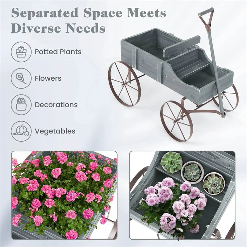 Rustic Wooden Wagon Planter, Decorative Garden Flower Cart with Metal Wheels & Adjustable Handle, Large Raised Bed Plant Stand for Patio Yard