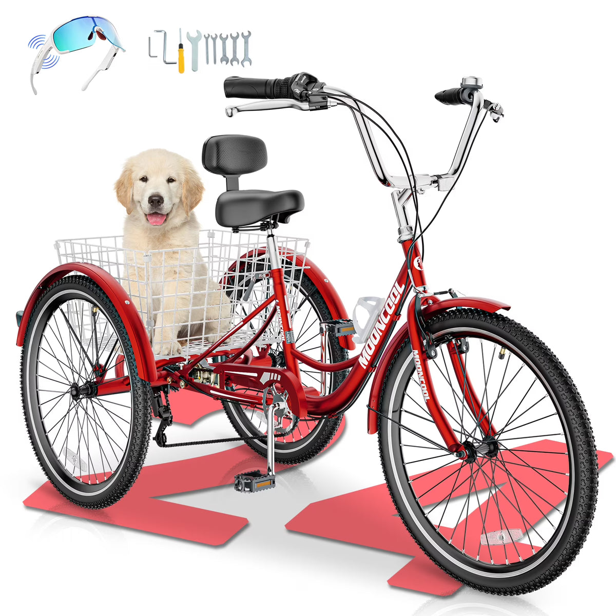 MOONCOOL Adult Tricycles with Rear Basket & Inflator, 24 26 in 7 Speed 3 Wheel Bikes, Three - Product image 3