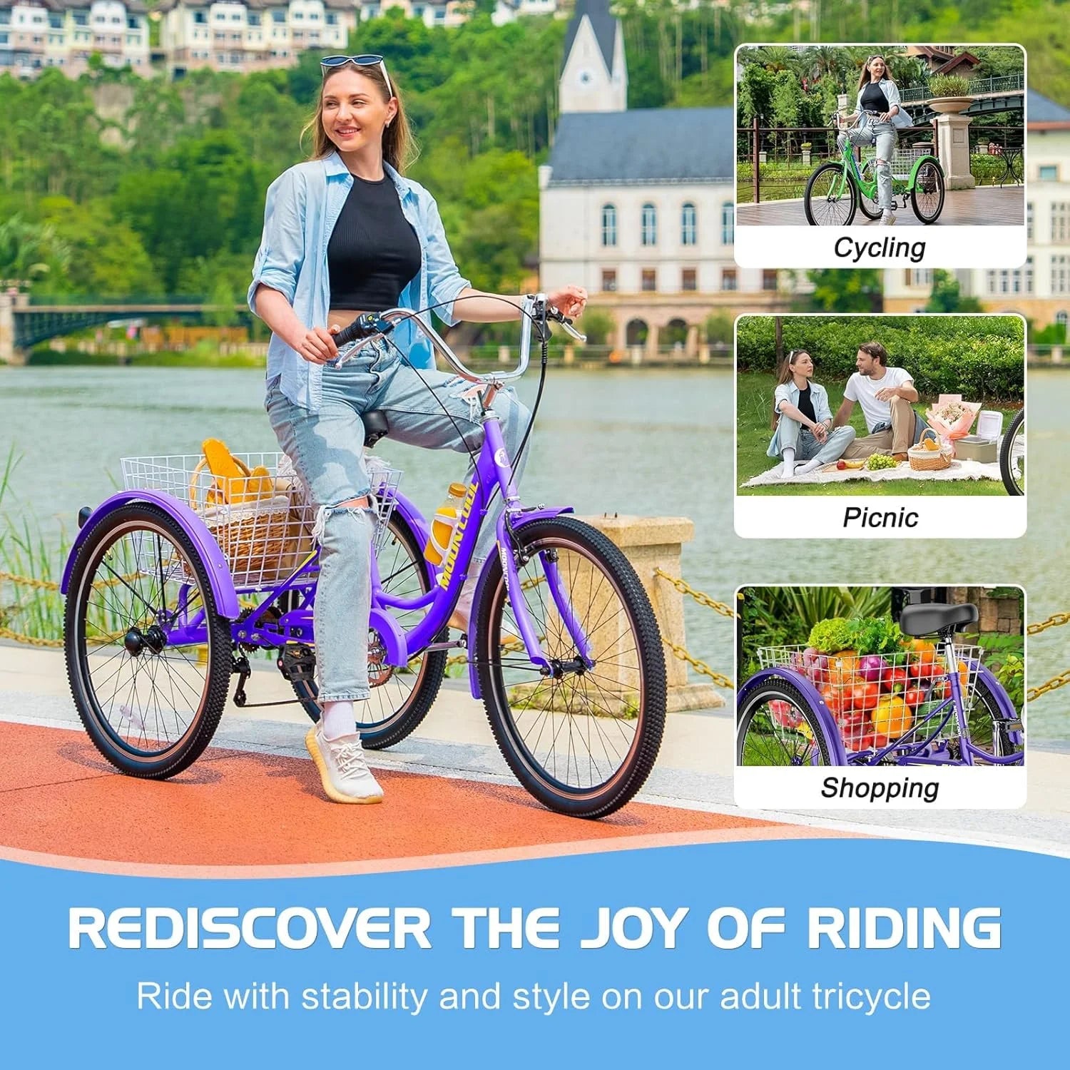 MOONCOOL Adult Tricycles with Rear Basket & Inflator, 24 26 in 7 Speed 3 Wheel Bikes, Three - Product image 158