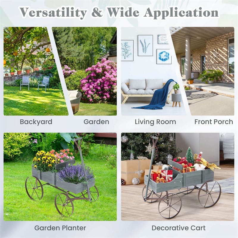 Rustic Wooden Wagon Planter, Decorative Garden Flower Cart with Metal Wheels & Adjustable Handle, Large Raised Bed Plant Stand for Patio Yard