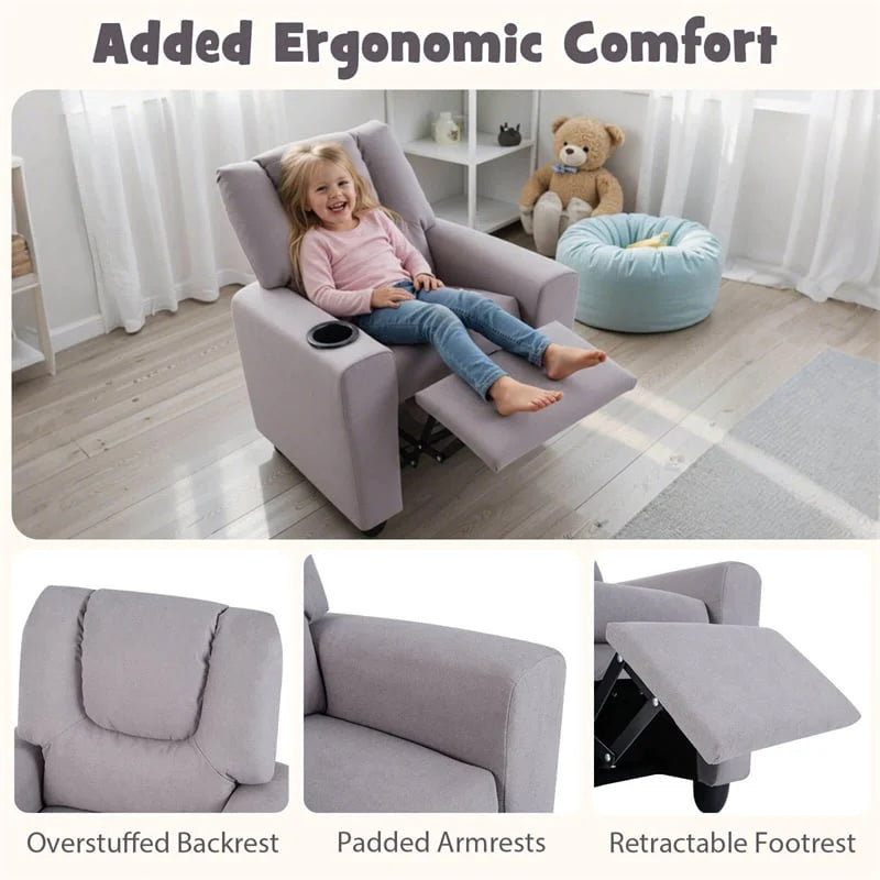Kids Recliner Chair with Cup Holder & Side Pocket, Adjustable Toddler Lounge Sofa, Ergonomic Children Armchairs for Boys Girls Age 3+, 150lbs