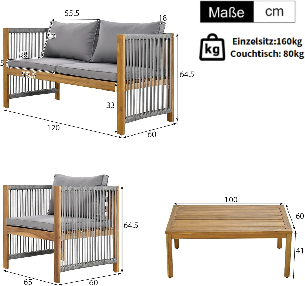 Garden furniture, garden furniture for 4 people, with sofa, coffee table and cushions, removable and washable fabric cover, black (seat cushions included)