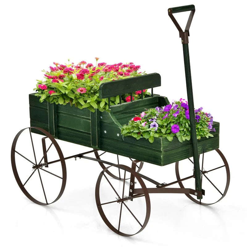 Rustic Wooden Wagon Planter, Decorative Garden Flower Cart with Metal Wheels & Adjustable Handle, Large Raised Bed Plant Stand for Patio Yard