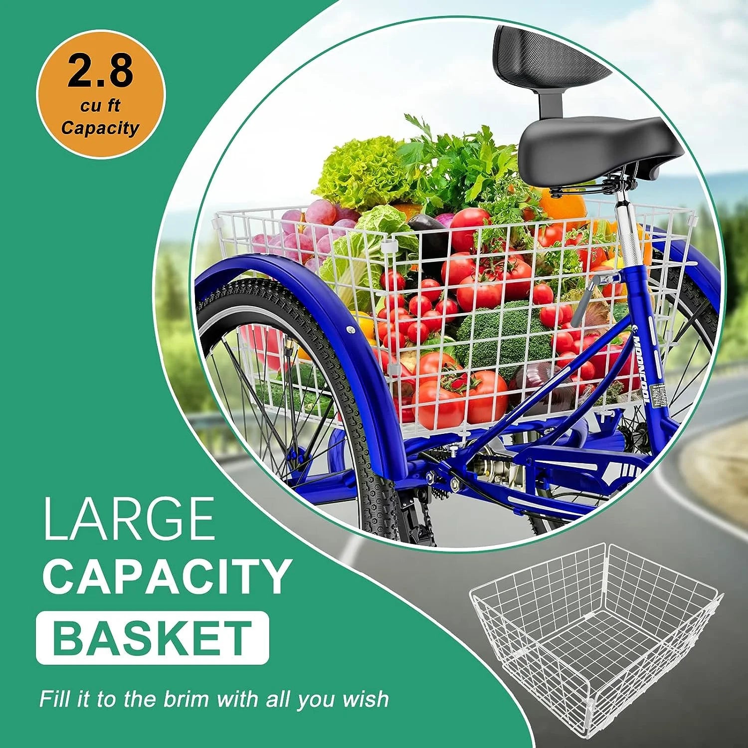 MOONCOOL Adult Tricycles with Rear Basket & Inflator, 24 26 in 7 Speed 3 Wheel Bikes, Three - Product image 132