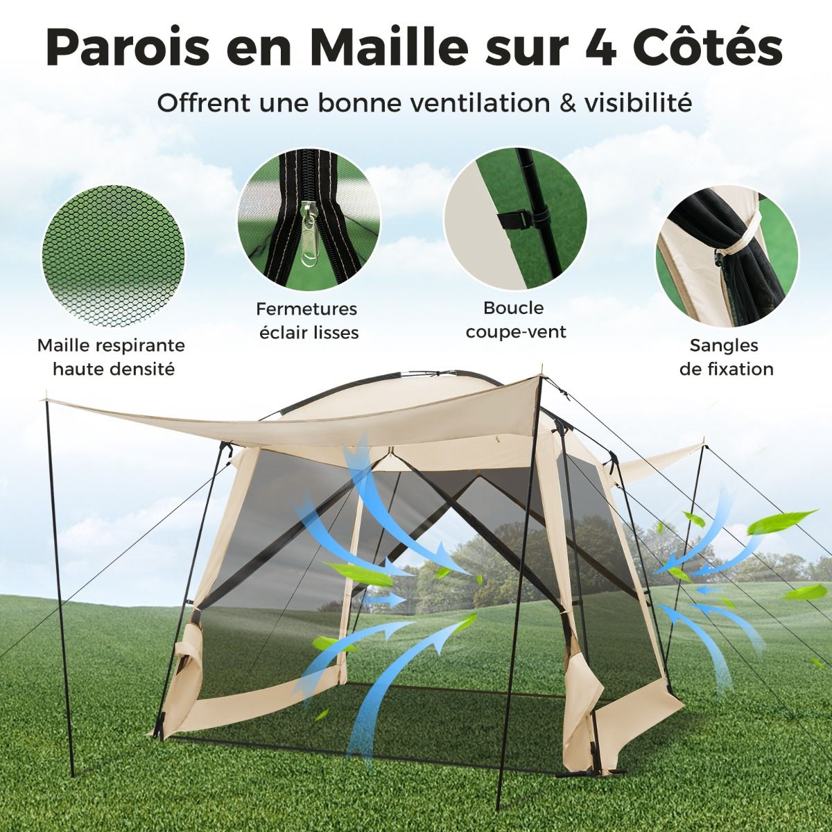 Camping Tent for 8-10 People Dome Tent with Vestibule and Mosquito Net Zippered Door Portable Tent with Carry Bag 300x300x250cm Beige -