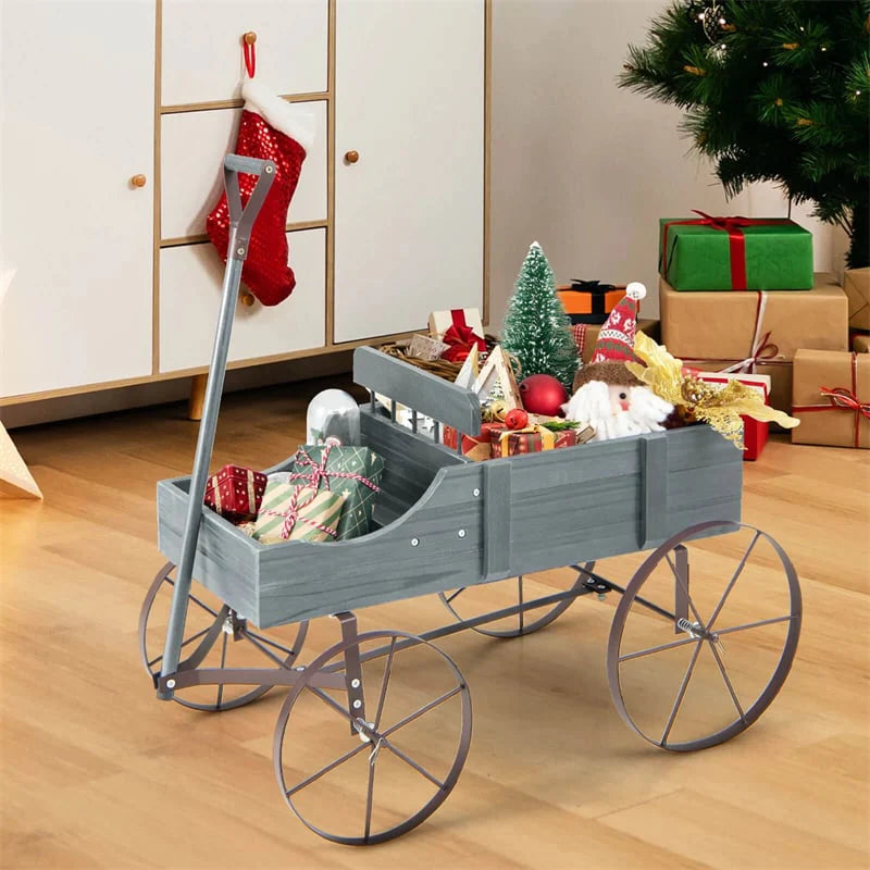 Rustic Wooden Wagon Planter, Decorative Garden Flower Cart with Metal Wheels & Adjustable Handle, Large Raised Bed Plant Stand for Patio Yard