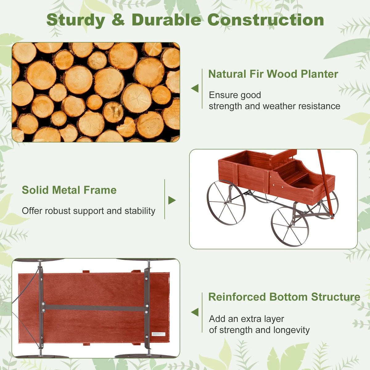 Rustic Wooden Wagon Planter, Decorative Garden Flower Cart with Metal Wheels & Adjustable Handle, Large Raised Bed Plant Stand for Patio Yard