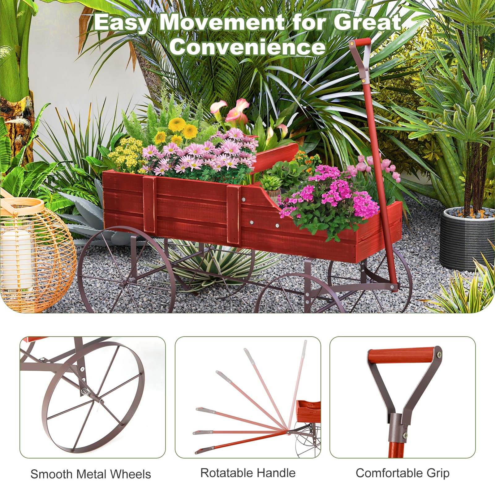 Rustic Wooden Wagon Planter, Decorative Garden Flower Cart with Metal Wheels & Adjustable Handle, Large Raised Bed Plant Stand for Patio Yard