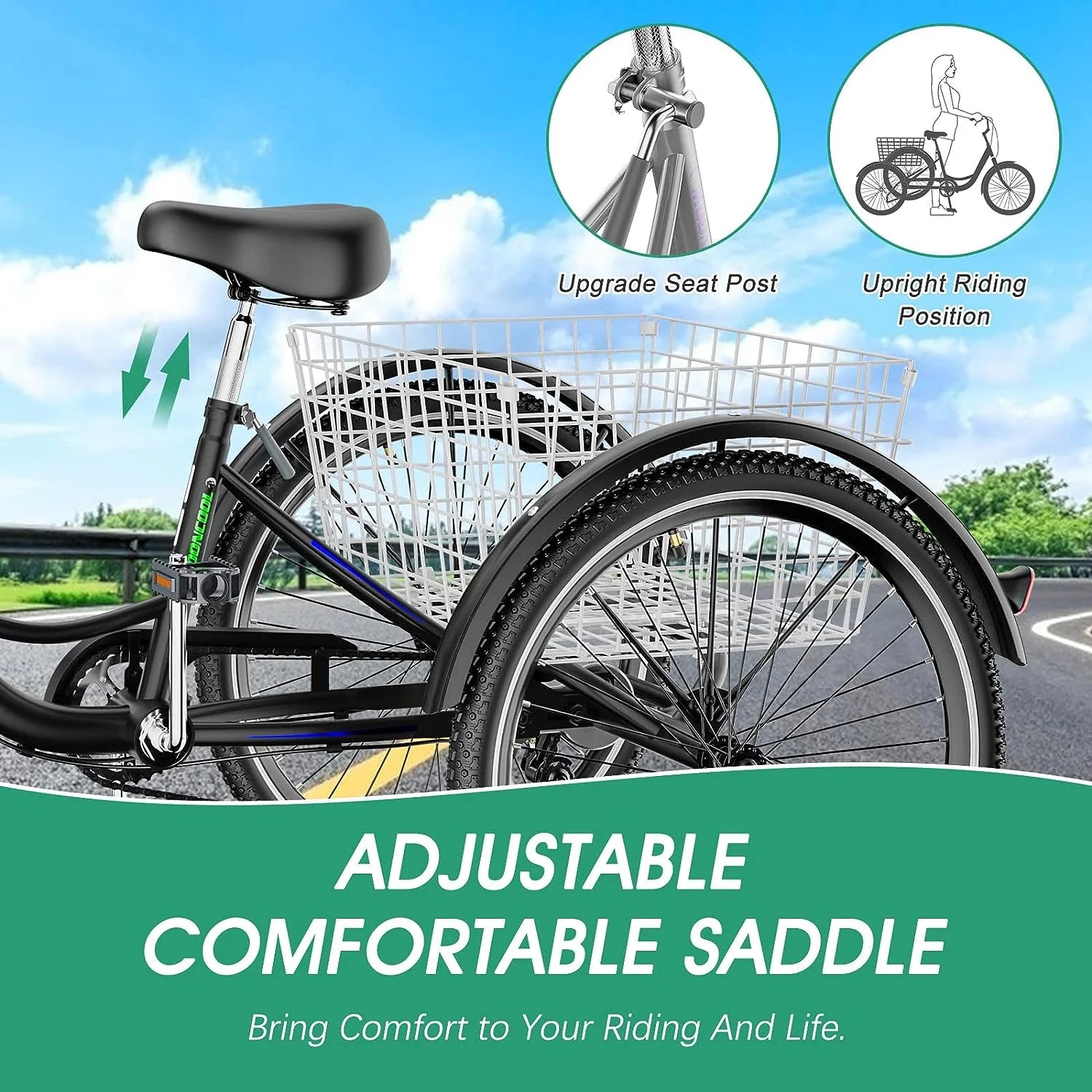 MOONCOOL Adult Tricycles with Rear Basket & Inflator, 24 26 in 7 Speed 3 Wheel Bikes, Three - Product image 51