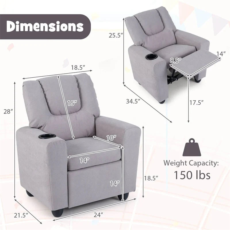 Kids Recliner Chair with Cup Holder & Side Pocket, Adjustable Toddler Lounge Sofa, Ergonomic Children Armchairs for Boys Girls Age 3+, 150lbs