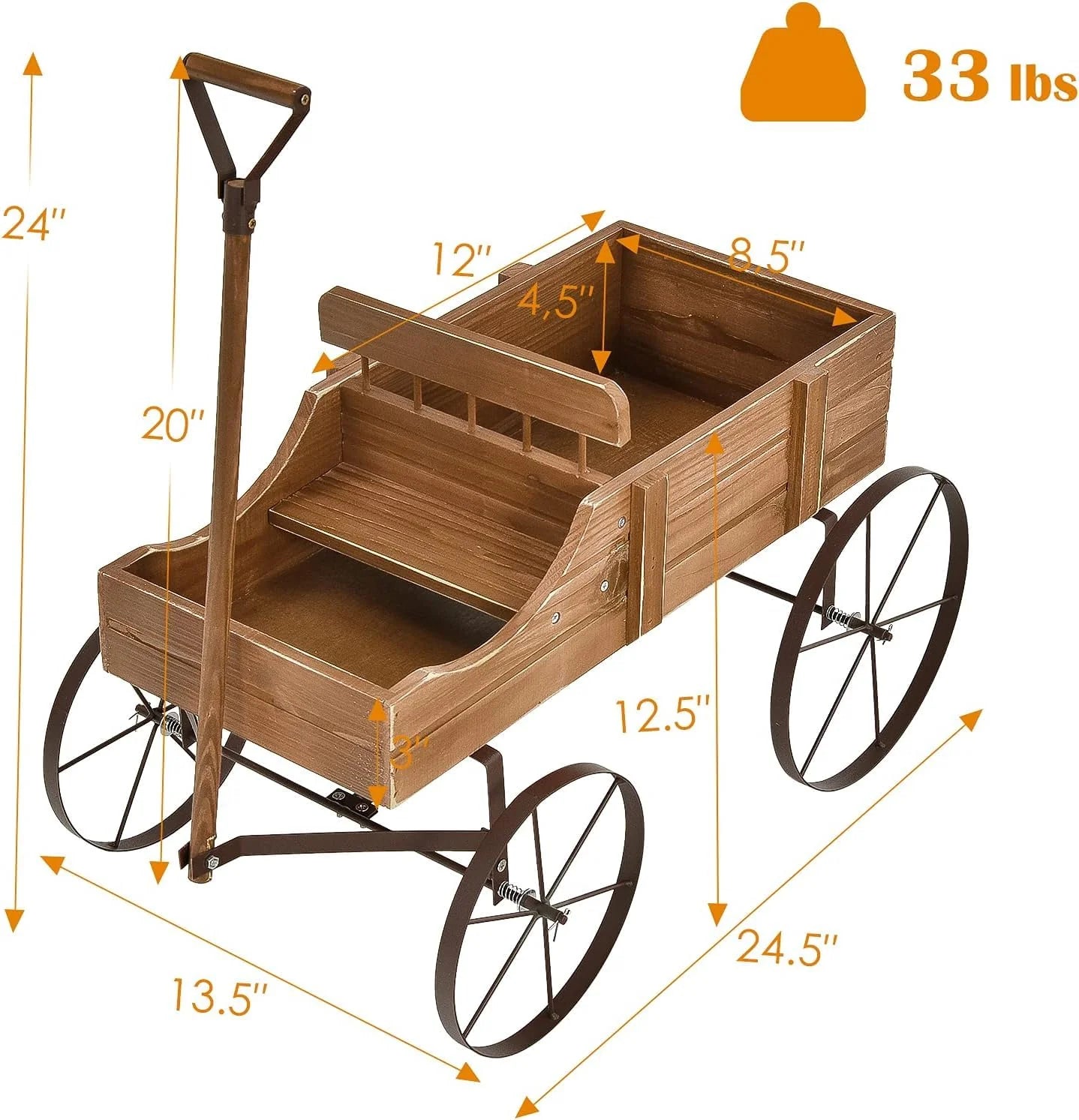 Rustic Wooden Wagon Planter, Decorative Garden Flower Cart with Metal Wheels & Adjustable Handle, Large Raised Bed Plant Stand for Patio Yard