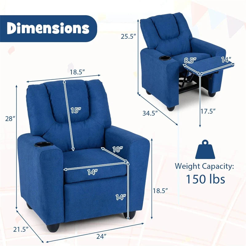 Kids Recliner Chair with Cup Holder & Side Pocket, Adjustable Toddler Lounge Sofa, Ergonomic Children Armchairs for Boys Girls Age 3+, 150lbs