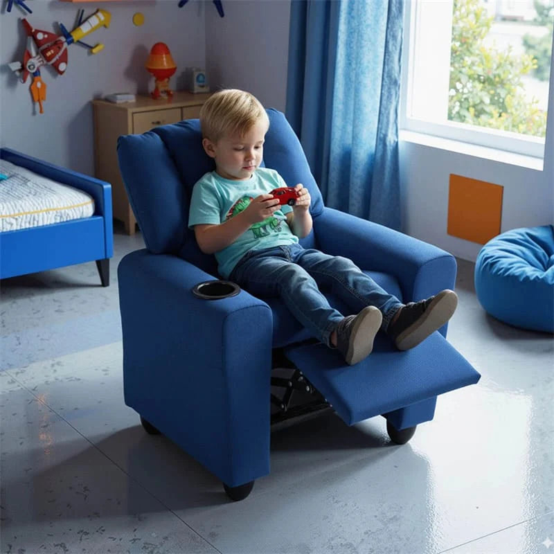 Kids Recliner Chair with Cup Holder & Side Pocket, Adjustable Toddler Lounge Sofa, Ergonomic Children Armchairs for Boys Girls Age 3+, 150lbs