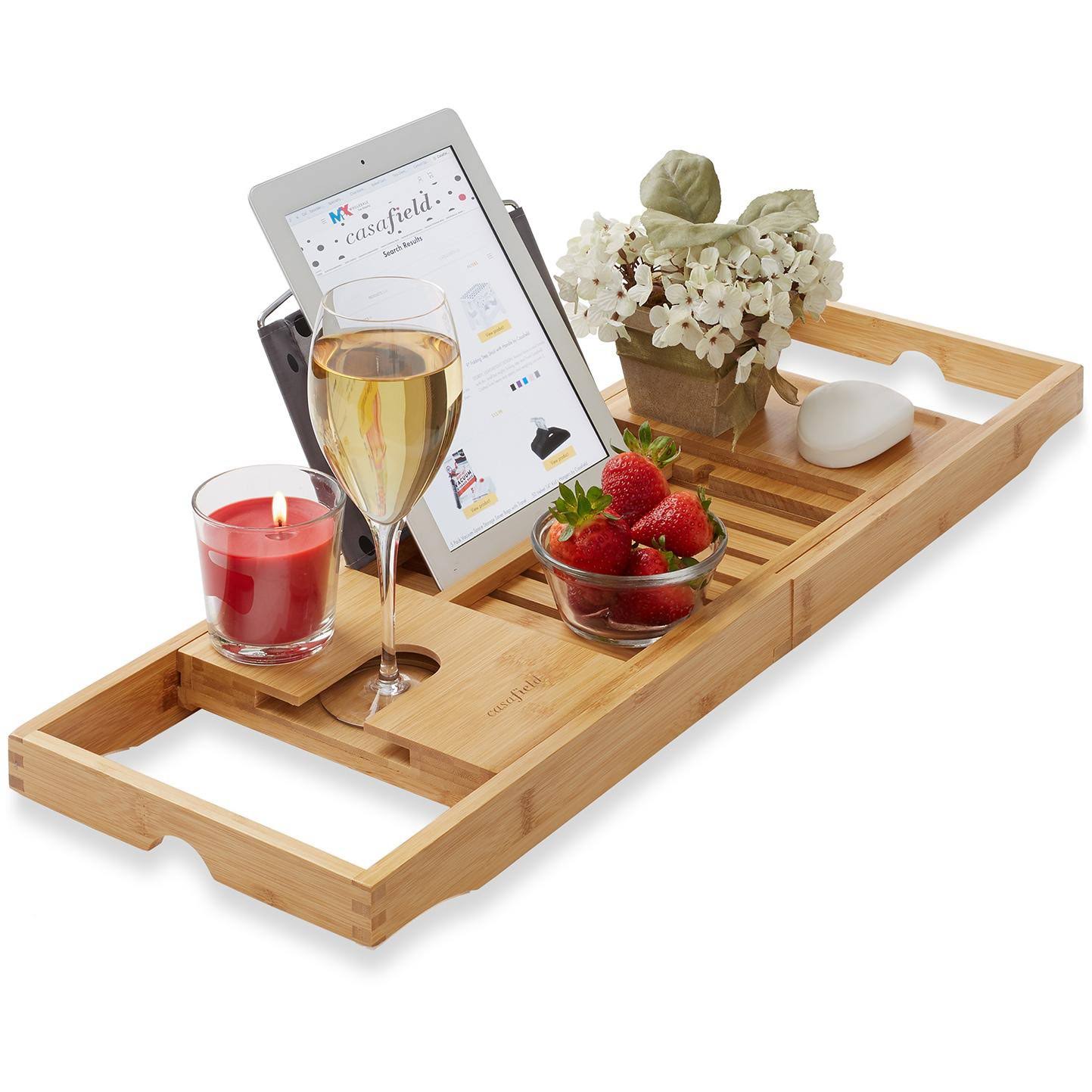 Casafield Bamboo Bathtub Caddy - Luxury Expandable Bath Tray - Adjustable Tub Organizer Holder for Tablet - Product image 1
