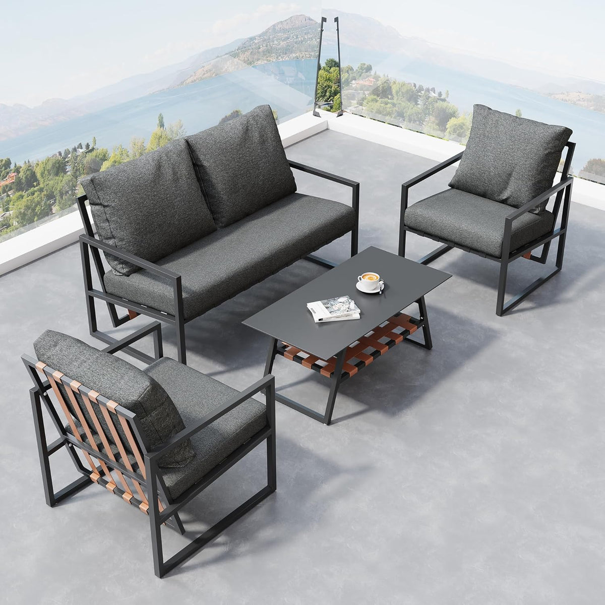 Garden furniture, garden furniture for 4 people, with sofa, coffee table and cushions, removable and washable fabric cover, black (seat cushions included)