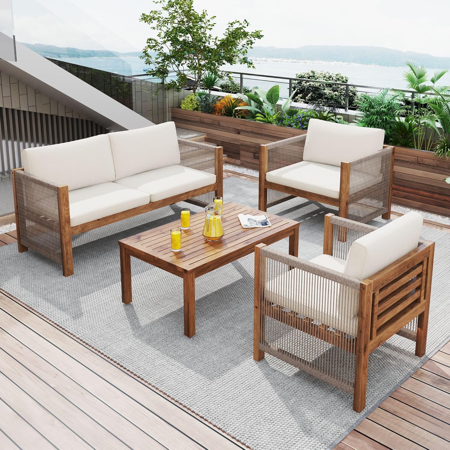 Garden furniture, garden furniture for 4 people, with sofa, coffee table and cushions, removable and washable fabric cover, black (seat cushions included)