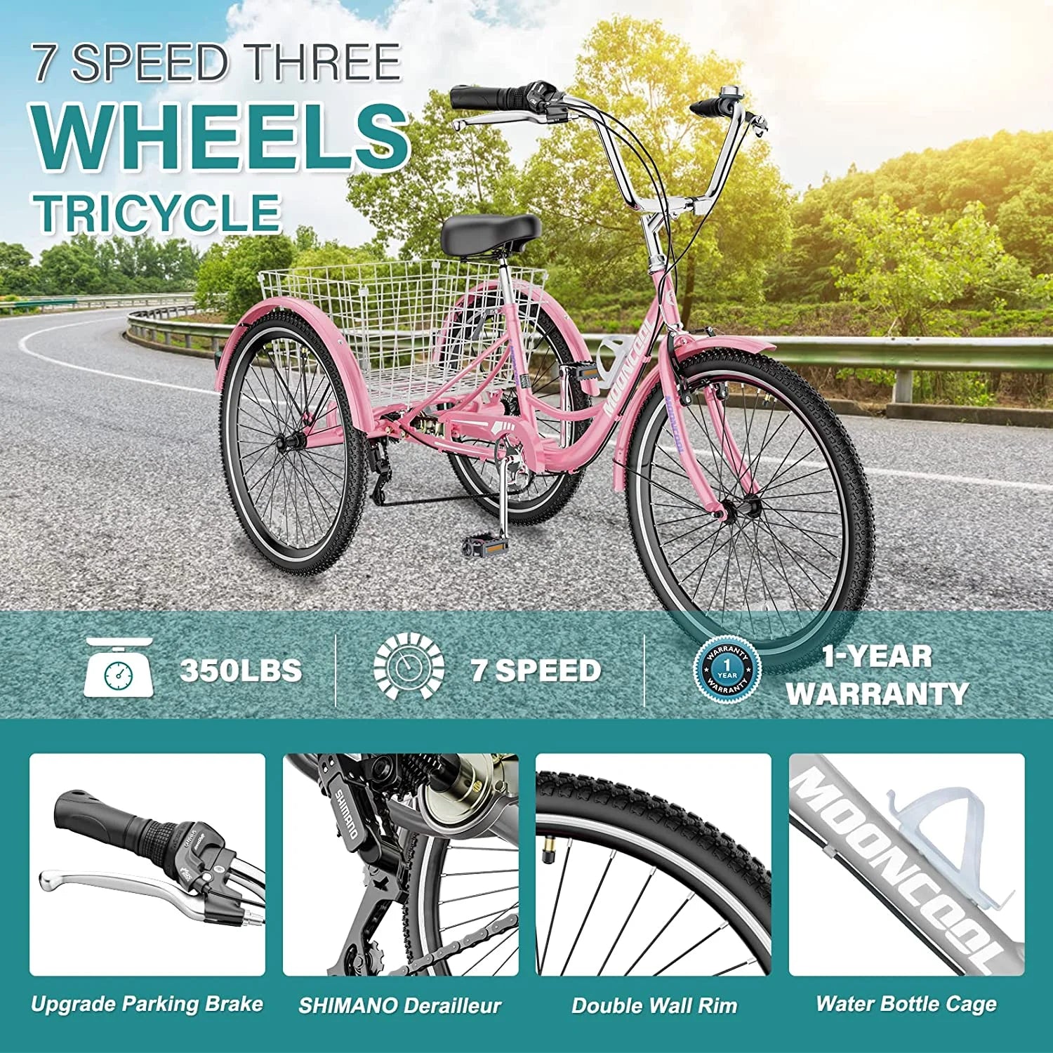 MOONCOOL Adult Tricycles with Rear Basket & Inflator, 24 26 in 7 Speed 3 Wheel Bikes, Three - Product image 138