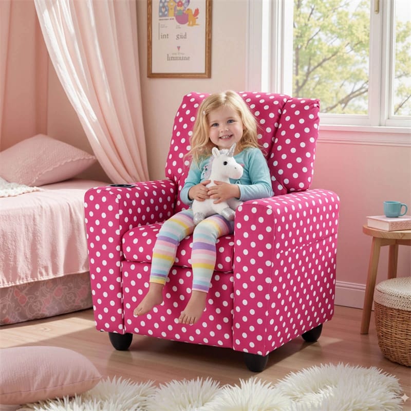 Kids Recliner Chair with Cup Holder & Side Pocket, Adjustable Toddler Lounge Sofa, Ergonomic Children Armchairs for Boys Girls Age 3+, 150lbs