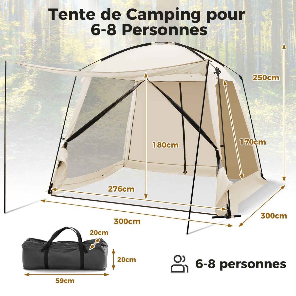 Camping Tent for 8-10 People Dome Tent with Vestibule and Mosquito Net Zippered Door Portable Tent with Carry Bag 300x300x250cm Beige -