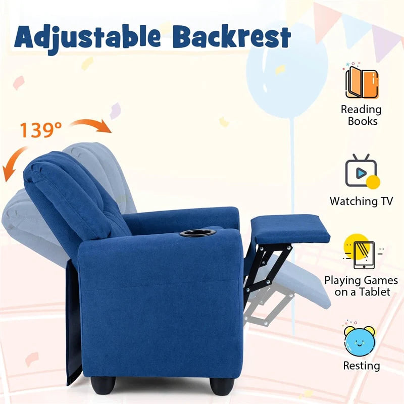 Kids Recliner Chair with Cup Holder & Side Pocket, Adjustable Toddler Lounge Sofa, Ergonomic Children Armchairs for Boys Girls Age 3+, 150lbs