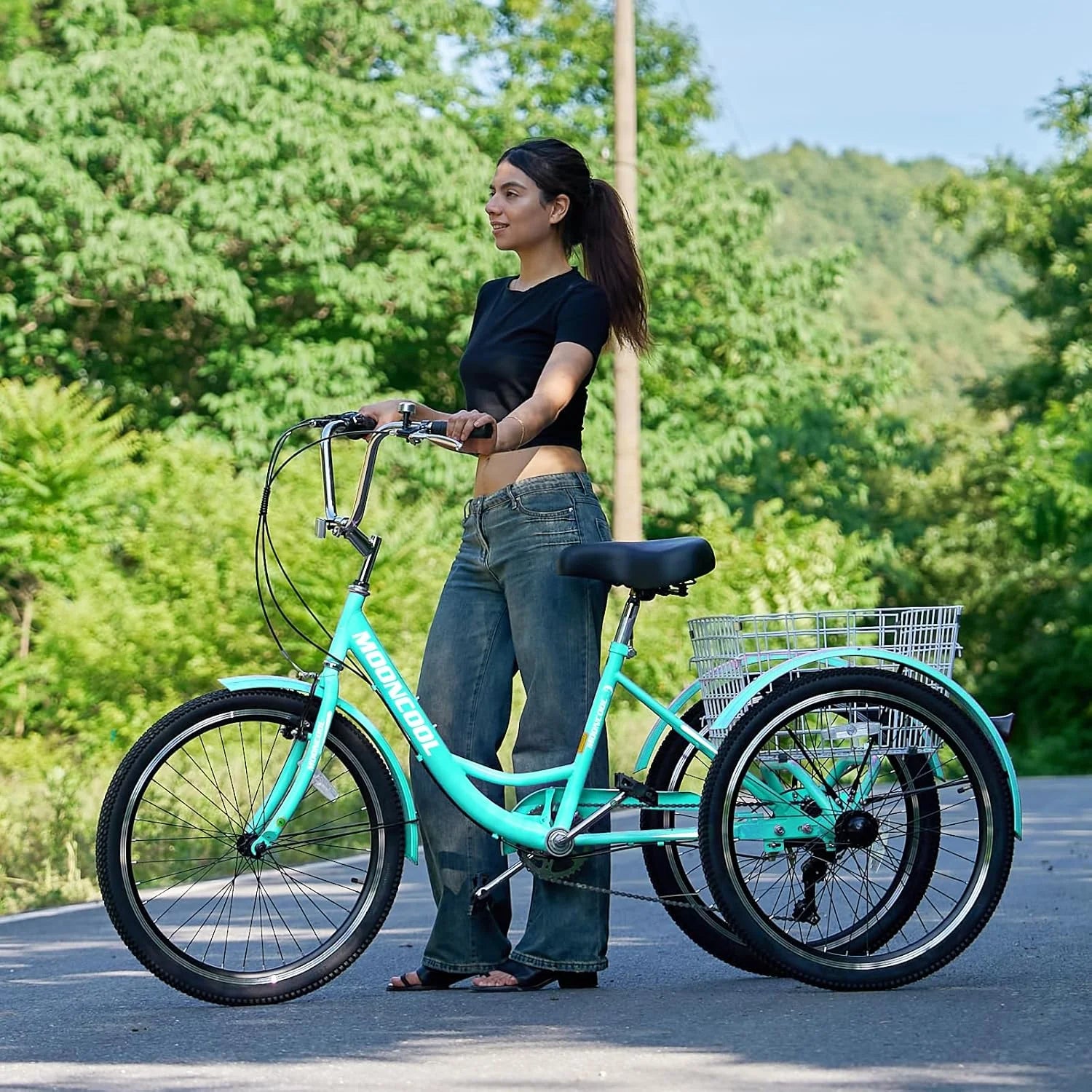MOONCOOL Adult Tricycles with Rear Basket & Inflator, 24 26 in 7 Speed 3 Wheel Bikes, Three - Product image 2