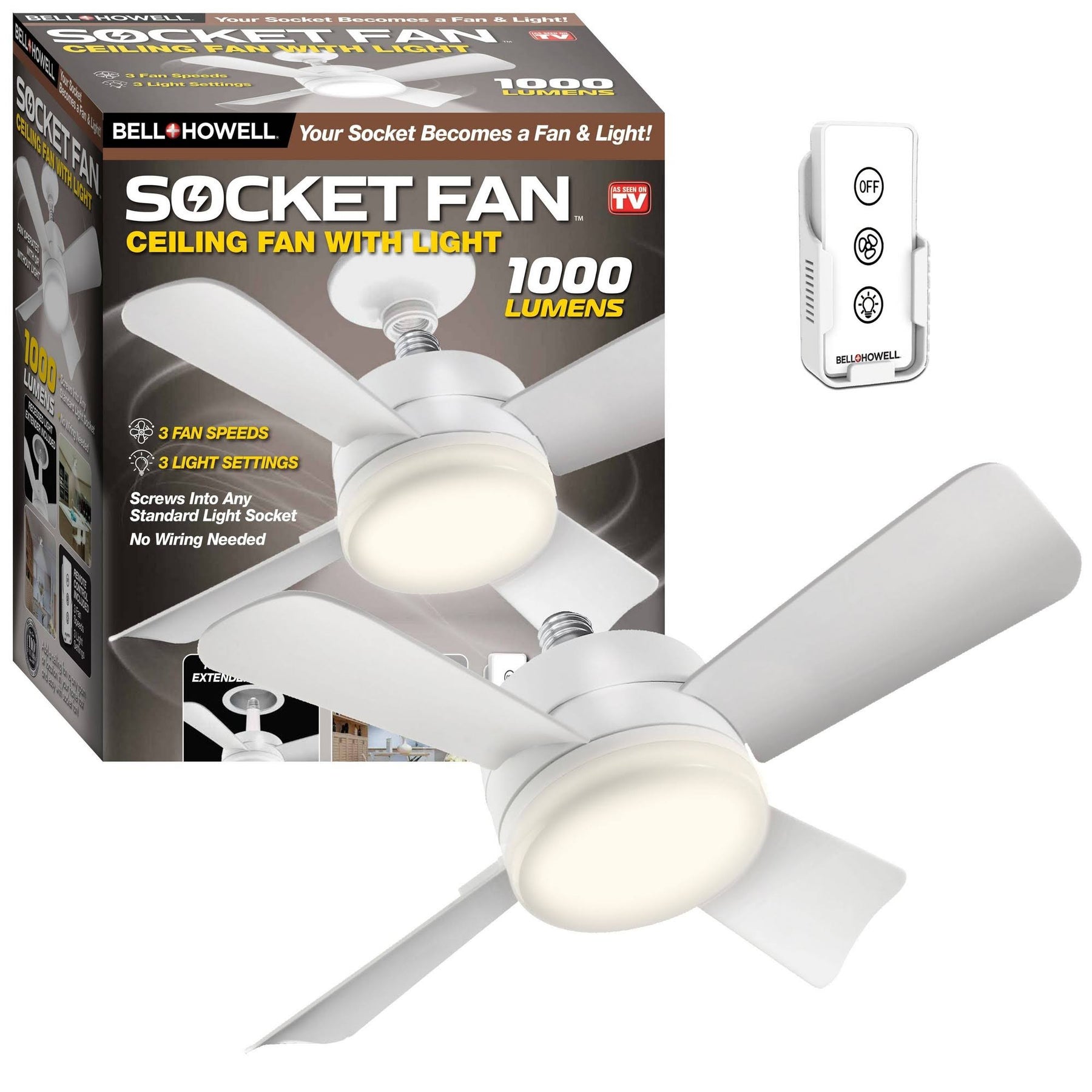 Socket Ceiling Fan with Warm Light and Remote Control 1000 Lumens - Bell + Howell - Product image 1